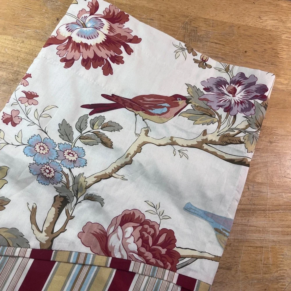 Waverly Scalloped Valance 48x18 Vtg Style Floral Bird Striped Trim Cream Red